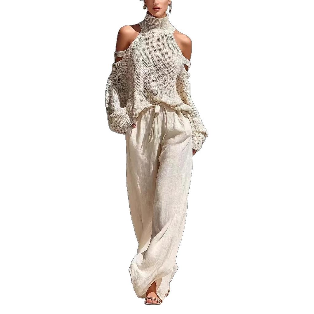 Off-Shoulder High Neck Knit Sweater and Wide Leg Pants Set In Beige