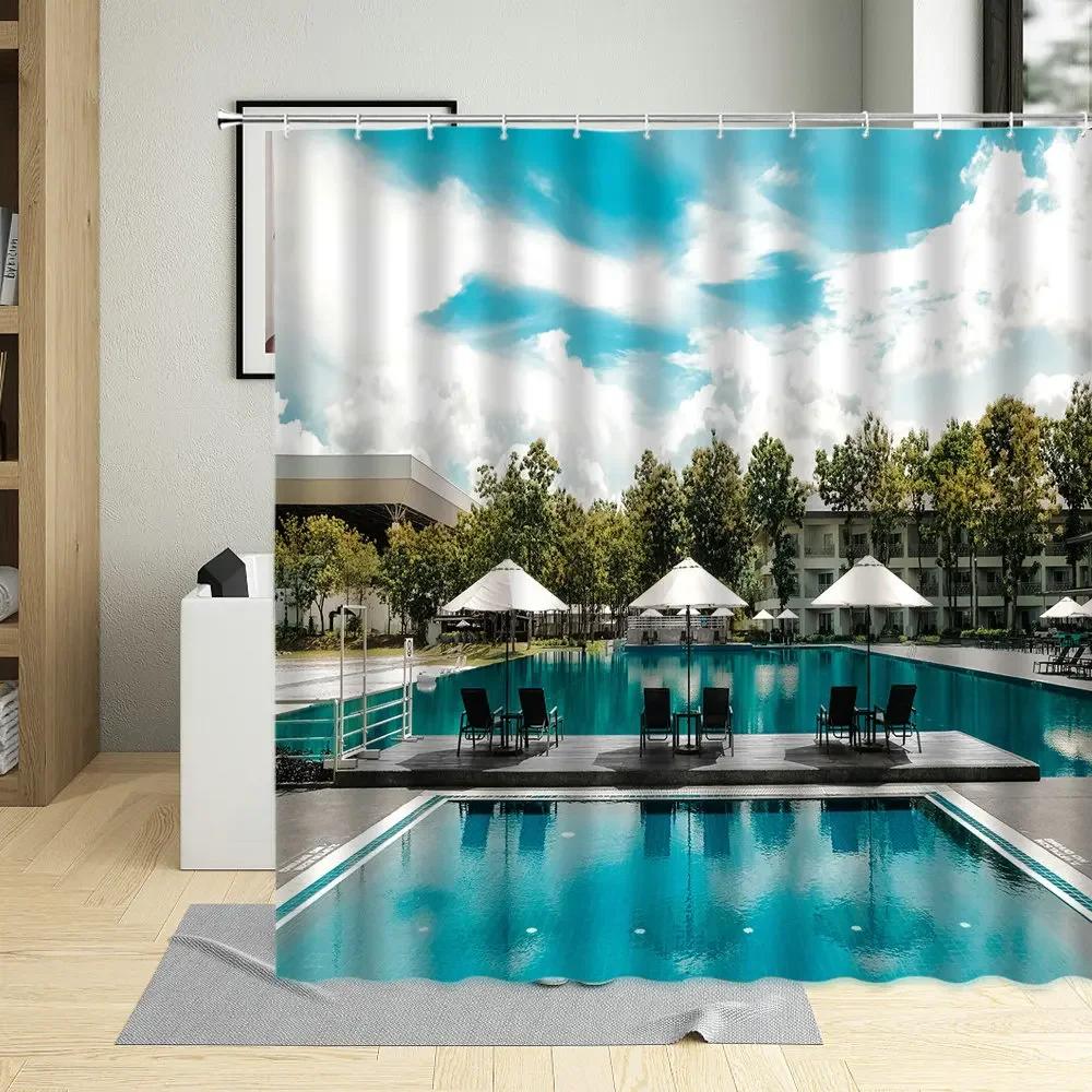 Flower Plant Landscape Shower Curtain Cherry Blossom Waterfall Green Forest Manor Arch Bridge Ocean Scenery Bathroom Curtain Set