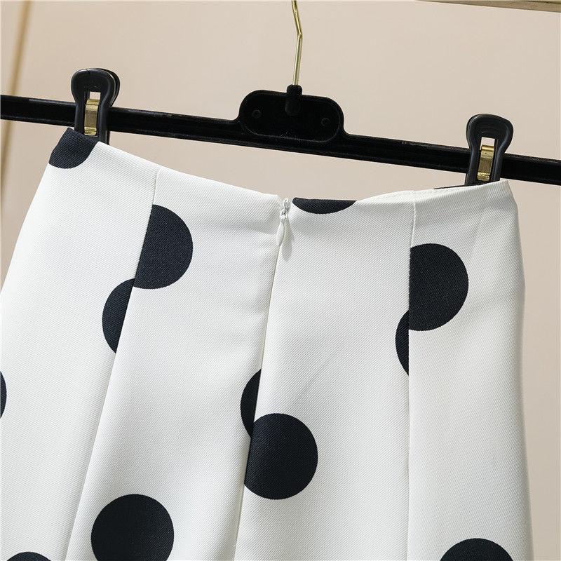 Polk Dot Skirts Womens Pleated Korean Style Silk Long Black Skirt Middle Length High Waist A Line French Umbrella Skirt Summer