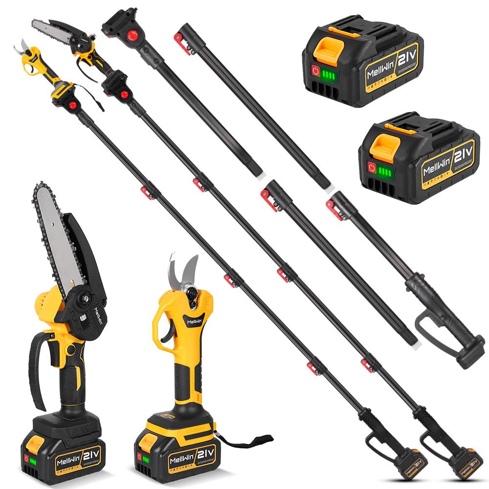MELLWIN Perche télescopique 200cm Électrique sans balais Tronçonneuse 6 pouces Cisailles pour hautes branches Outil de jardinage pour batterie 18V 21V