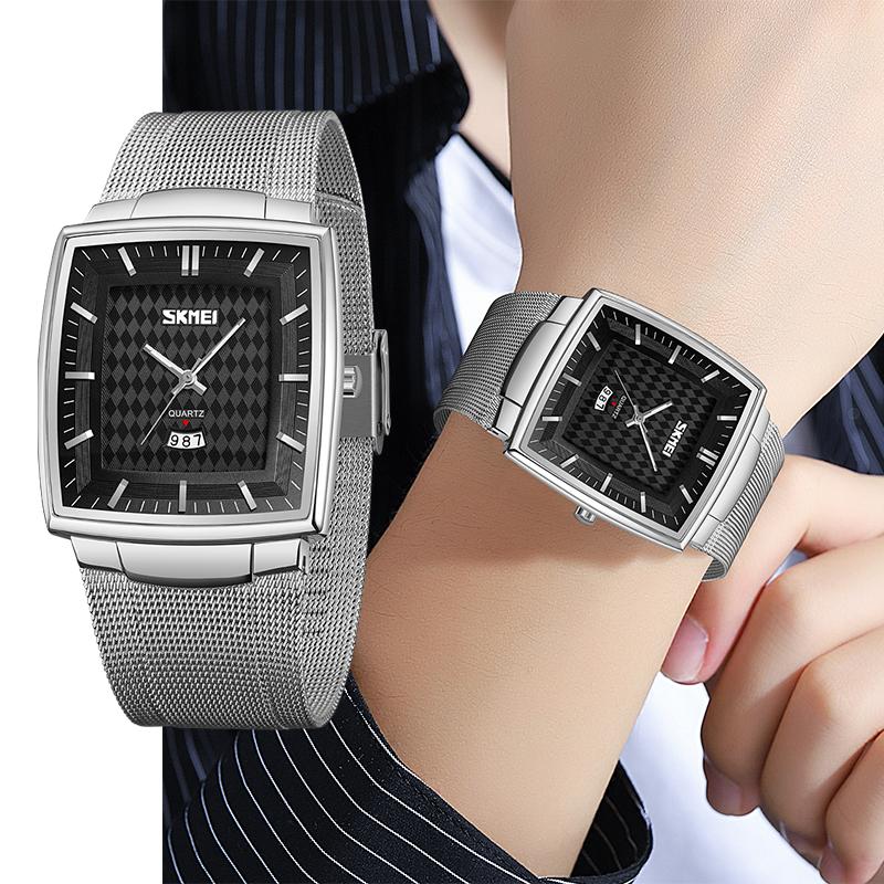 Skmei Analog Quartz Calendar Watches Original Brand Stainless Steel Mesh Strap Mens Fashion Waterproof Wristwatch with Luminous