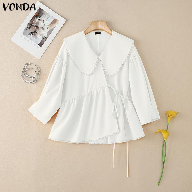 VONDA Women Casual Lapel Neck Solid Color Irregular Loose 3/4 Sleeve Blouse