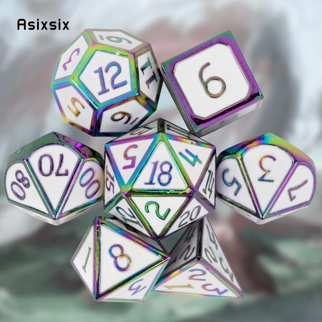 7 Pcs White Colorful Standard Metal Dice Solid Metal Polyhedral Dice Set Suitable for Role-Playing RPG  Board Game Card Game