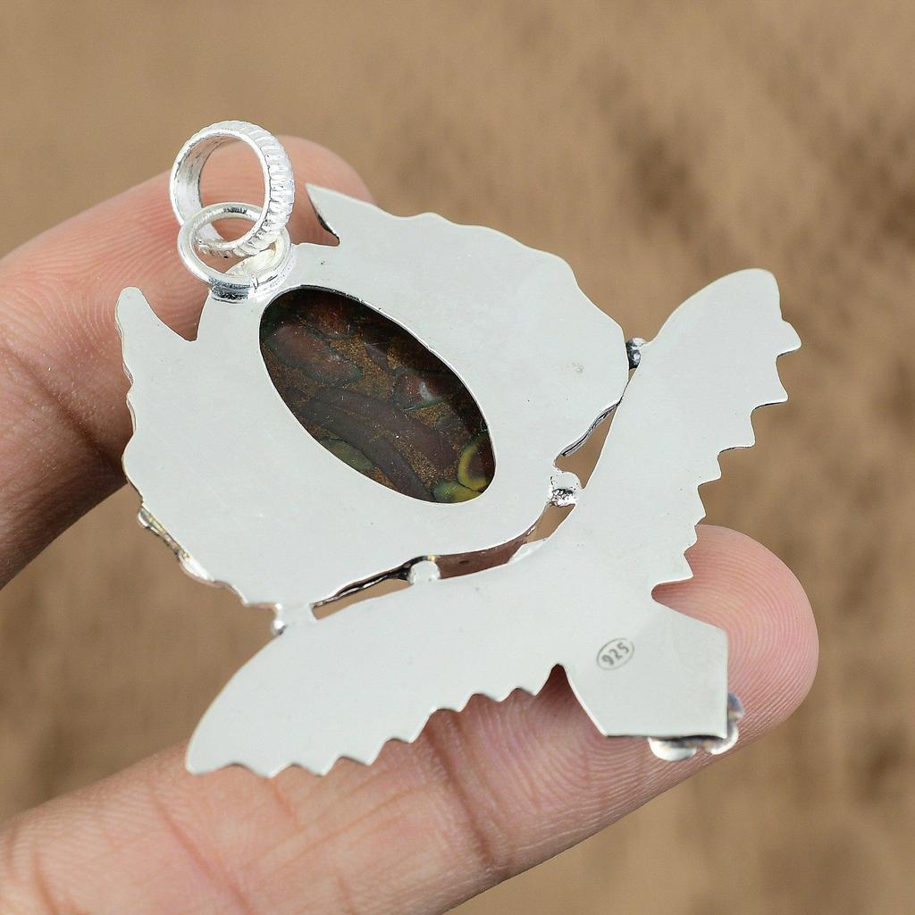 Natural Rhyolite Gemstone Pendant Owl 925 Sterling Silver Indian Jewelry