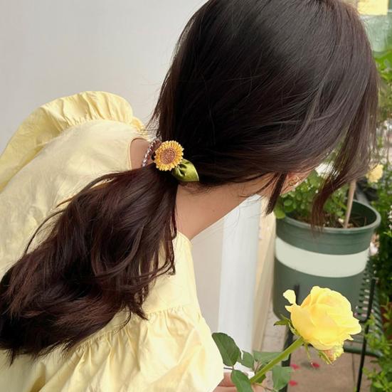 Women Hair Rope Realistic Sunflower Decor High Elasticity Elastic Band Pastoral Style Decorative Washable Ponytail Holder Large Intestine Hair
