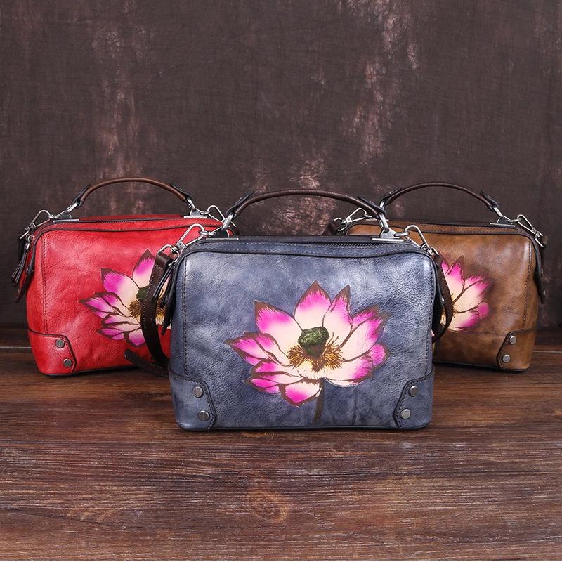 Vintage Leather Female Baotou Layer Cowhide Printed Handbag Texture Handmade Lotus Pillow Bag
