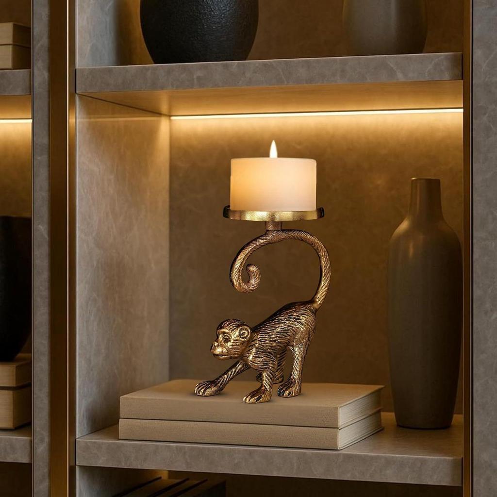 Metal Monkey Pillar Candle Holder Stand for Home Decor | Tabletop Showpiece in Aluminium with Brass Finish