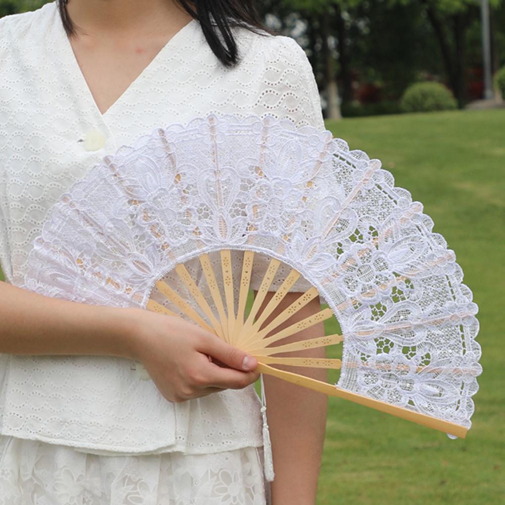 Elegant Lace Trim Fan Vintage Fabric Folding Fan Elegant Vintage Style Lace Trim Folding Fan with Tassel for Wedding for Stage