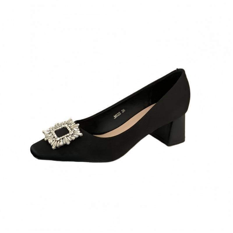 French Thick Heel High-end Rhinestone Shallow Mouth Single Shoes Women's Shoes 2025 New Square Head Temperament Celebrity High Heels Women