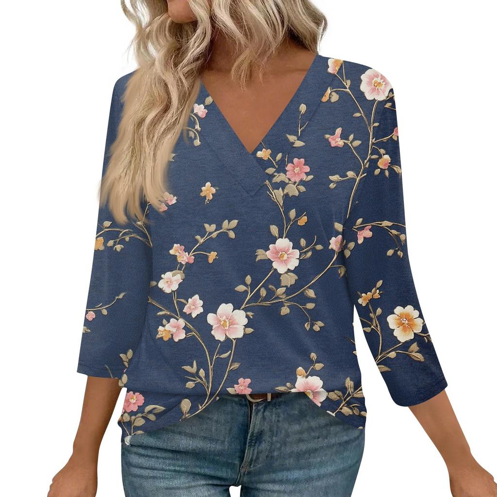 3/4 Length Sleeve Womens Tops V Neck Casual Tunic Tops Basic Shirts Loose Fit Blouse