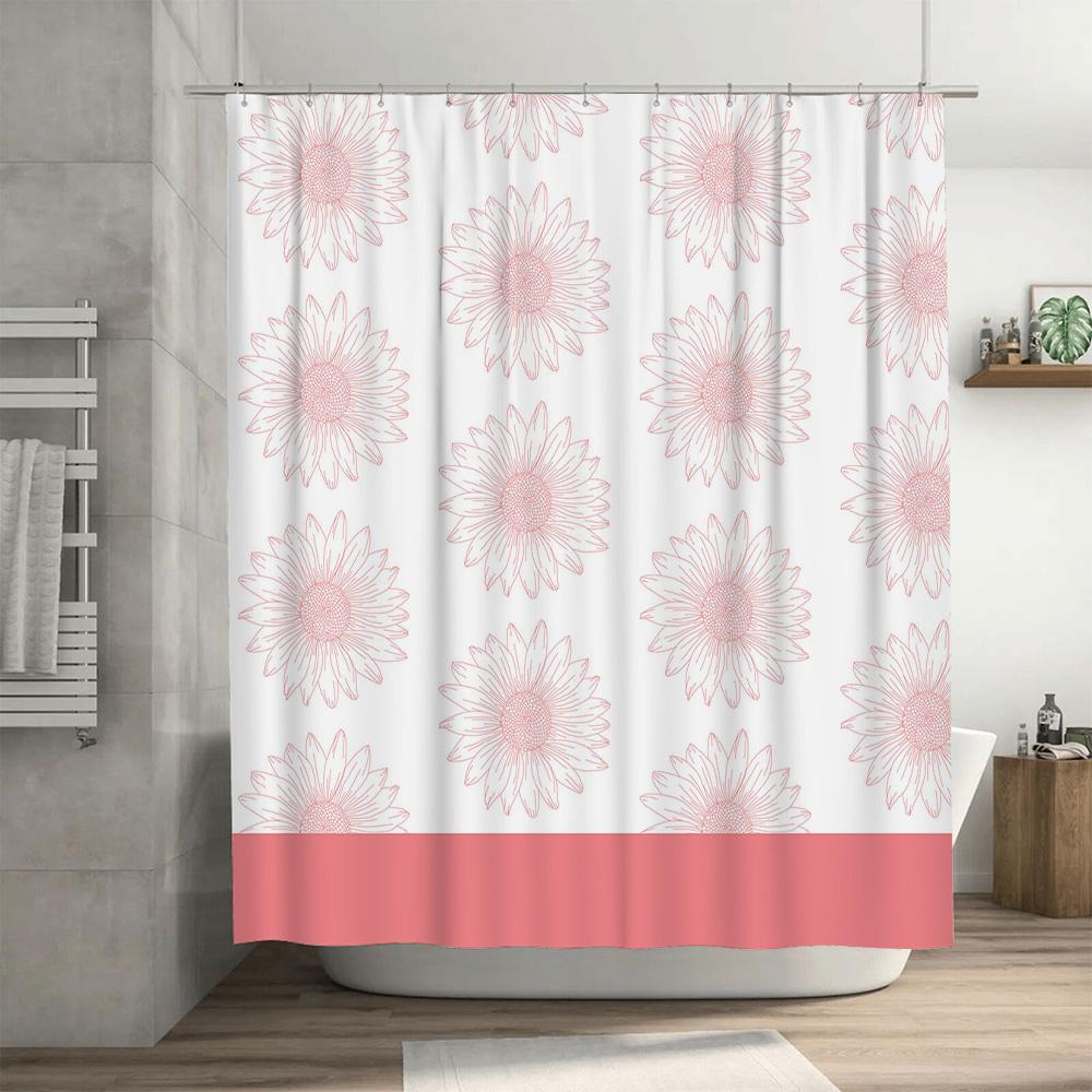 Stylish Floral Print Shower Curtain with Pink Border Bath Decor for Home Use (White)