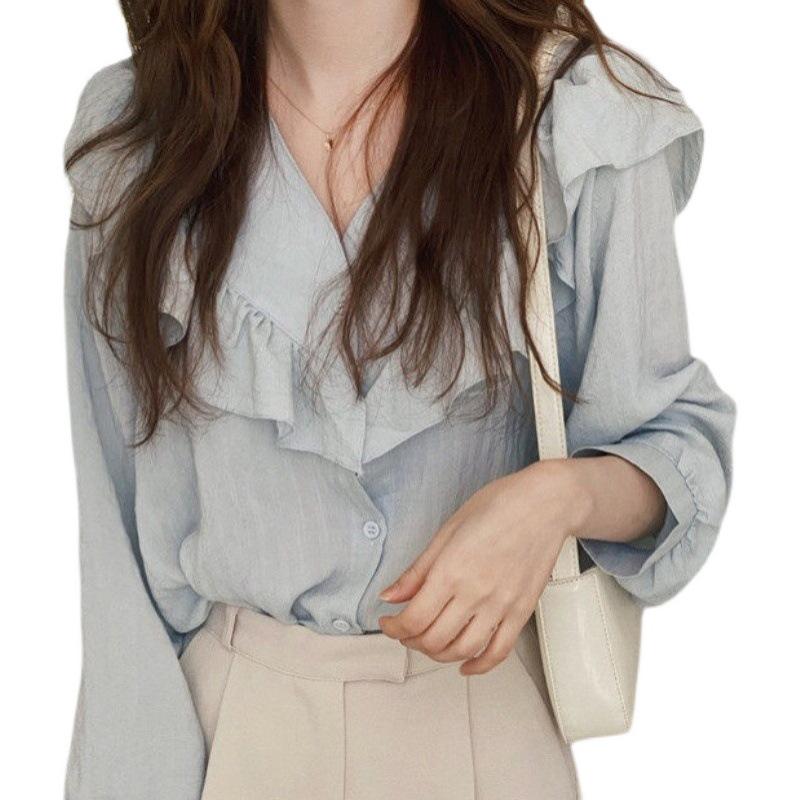 Șic Coreean 2025 Cămașă cu Volane cu Gât în V și Mâneci Lungi - Primăvară/Toamnă