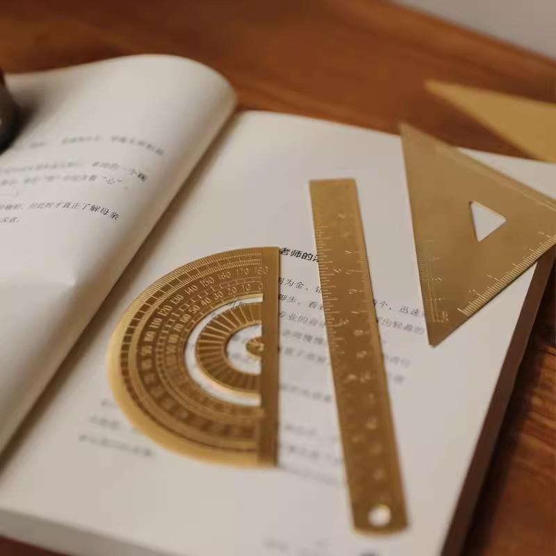 Metal Brass Straight Ruler Vintage Triangle Protractor Measuring Tool Kawaii Painting Drafting Supplies Korean Stationery Office