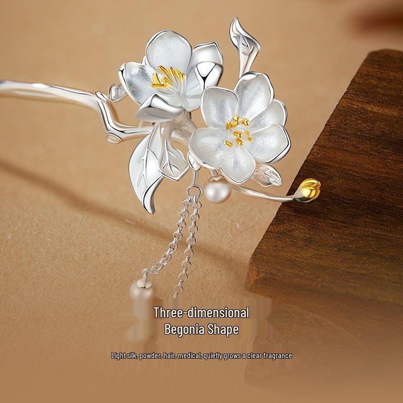 Pure Sterling Silver Begonia Tassel Hairpin - Ancient Hanfu Style Gift