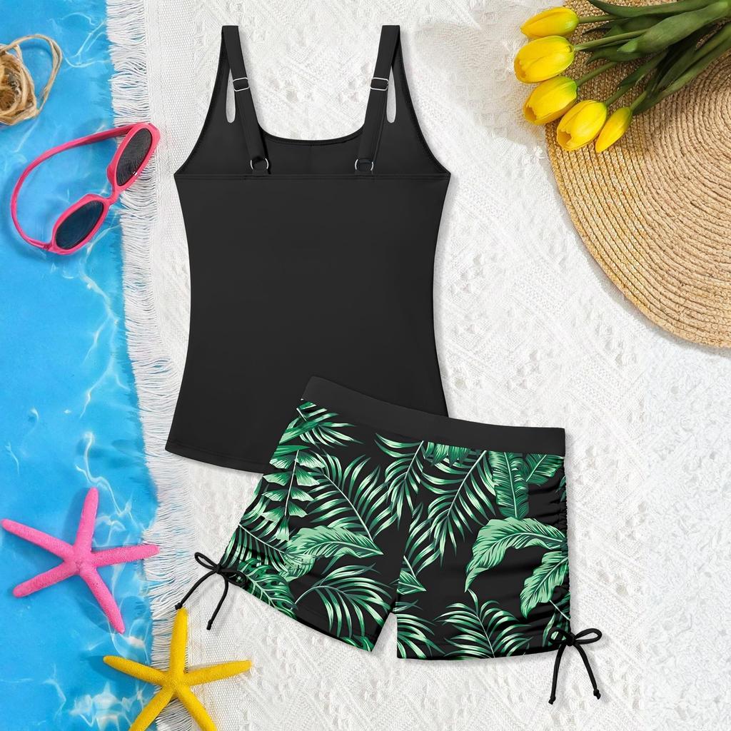 Zweiteiliger Badeanzug für Mädchen Tankini-Set Quadratischer Halsausschnitt Oberteil mit Palmenprint Shorts Verstellbarer Kordelzug Strandmode Badebekleidung