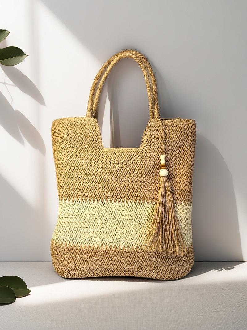 

Ladies Retro Woven Shoulder Bag Summer Women s Large Capacity Grass Woven Handbags Female Casual Tassel Beach Tote Underarm Bags 34x4x41cm бежевый