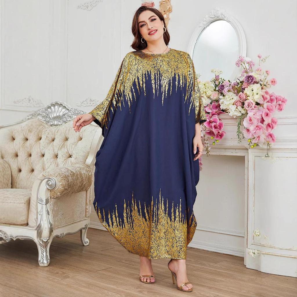 3057 Nahöstliches muslimisches Kleid: Kontrastnähte, weiter Fledermausärmel, Langarm mit Heißprägung