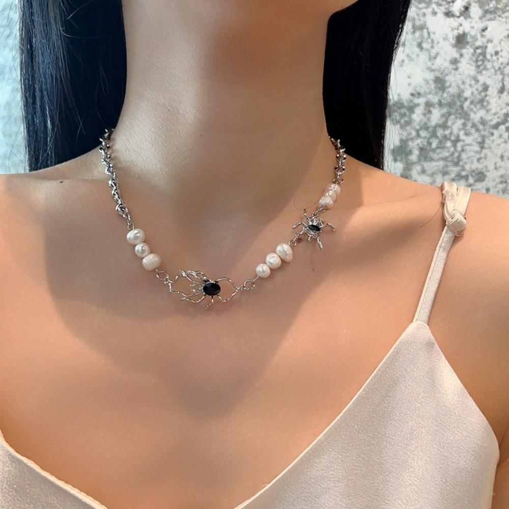 Antique Silver Color Clavicle Chain Stainless Steel Beads Chain Spider Necklace Men Women Jewelry