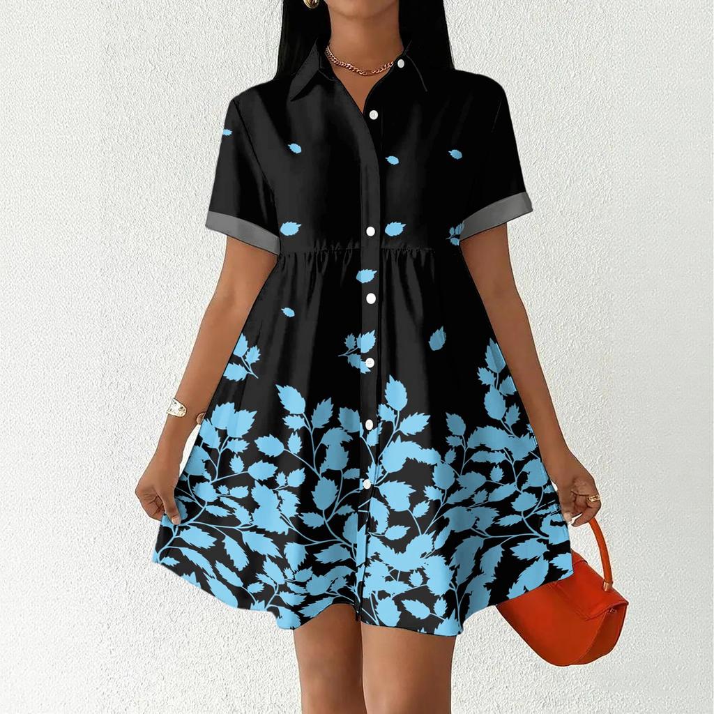 Women’s Casual Loose Fit Shirt Dress with Button Front Stand Collar Short Sleeve Patchwork Print Lightweight Design