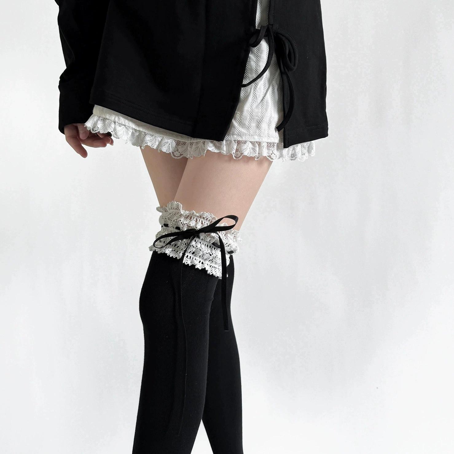 

Носки из чистого хлопка Лолита с широким кружевом, лентой и бантом - Весенние до середины икры, стиль Сладкое желание Adjustable Length, Wear Scrunched or Straight