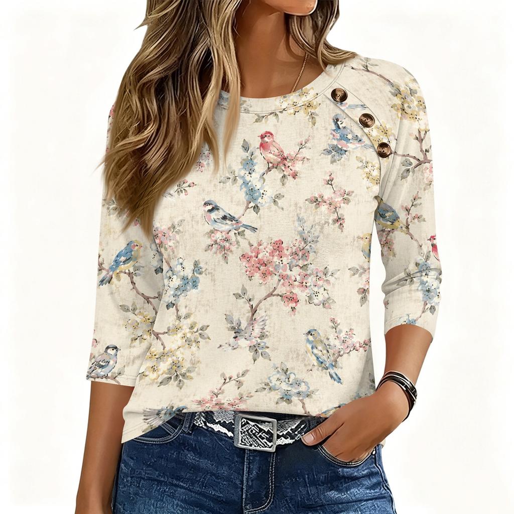 Women 34 Sleeve Crew Neck Button T Shirt Floral Print Casual Loose Fit Top for Daily and Office Wear