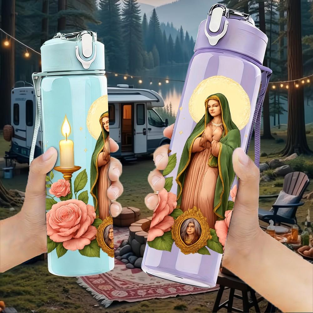 1PC Virgin Mary Rose Candle Art 750ml Color Plastic Sports Water Bottle Leakproof Flip Straw Lid Suitable for Sports Office Home Use