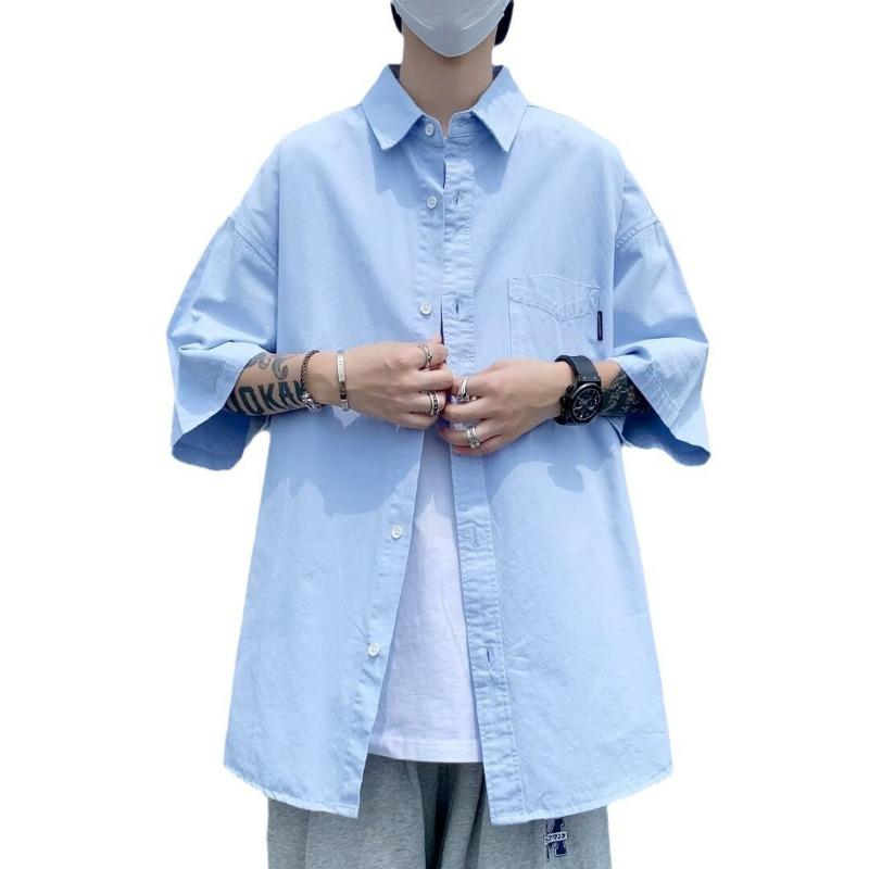 Men's Short Sleeve Button Shirt Men's Loose Casual Short-Sleeve Collared Shirt Pocket Loose-Fit Top