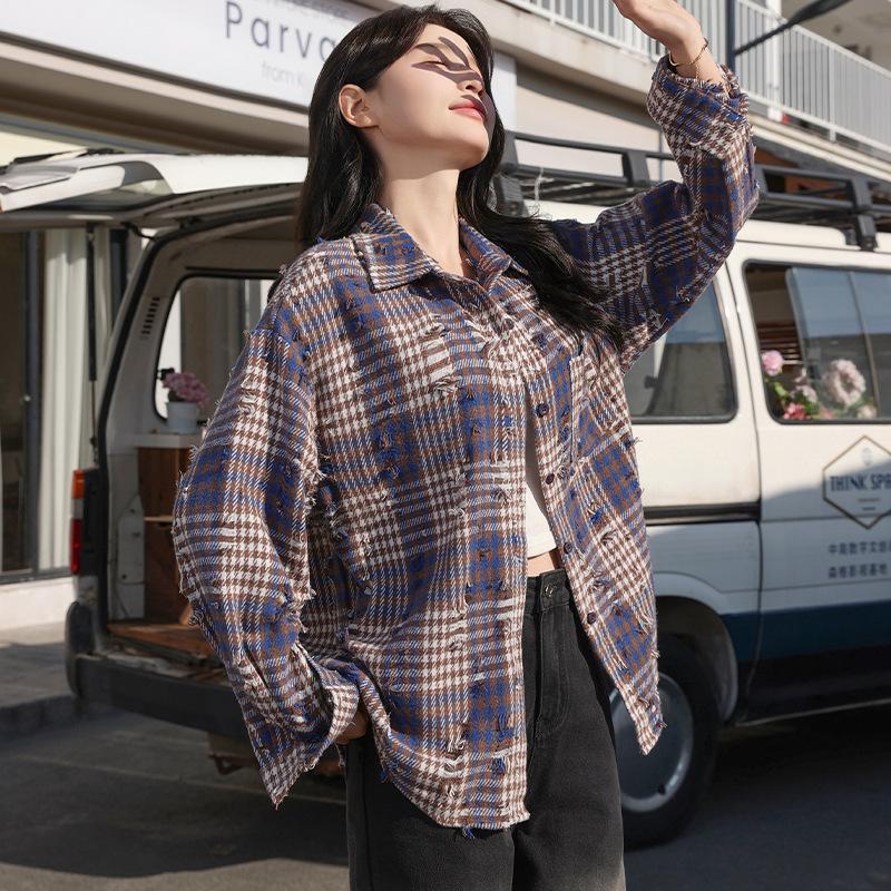 

Клетчатая рубашка для женщин весна осень с дырками The High Street Rugged Красивый свободный повседневный топ Винтажная модная верхняя одежда Блузки и рубашки XXL