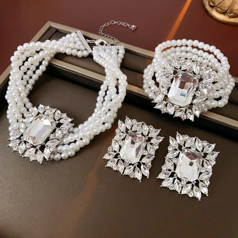 Light Luxury Pearl Bead Multi-Layered Necklace Bracelet With Exaggerated Rhinestones Design Jewelry Earrings For Women Gift