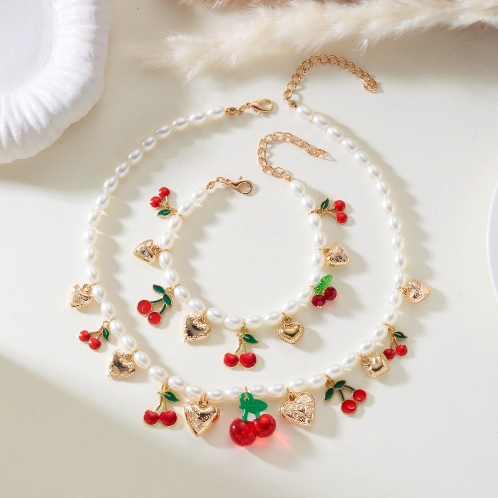 Collier Élégant avec Breloque Cœur Collier Ras-du-cou Doux Perle Nouveau Collier Cerise Fruit Bijoux Femme