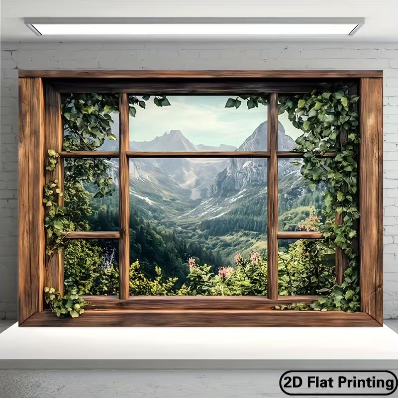 2D Cozy Cabin Window Overlooking Alpine Valley Party Backdrop 47.2x31.5inch/120*80cm