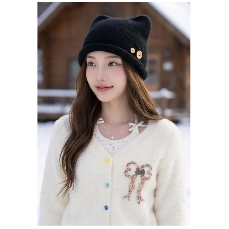 Japanese Sweet Style Cat Ear Button Beanie Knit Hat For Autumn Winter