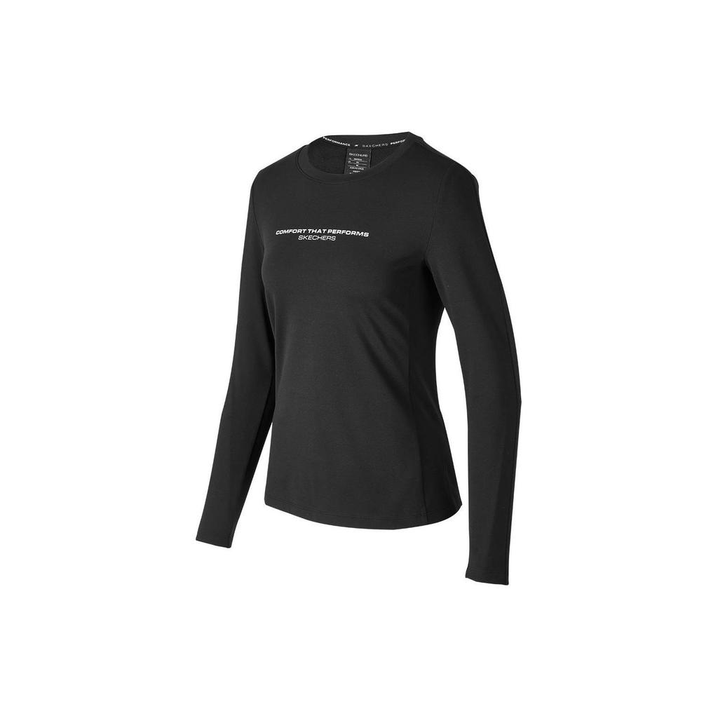 Skechers Letter Round Neck Pullover Sports Slim Fit Breathable Long Sleeve T-Shirt Women Tops Carbon-Black P423W064-0018