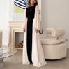 Elegant Black & White Pleated Dress - Round Neck, Loose Long Sleeve
