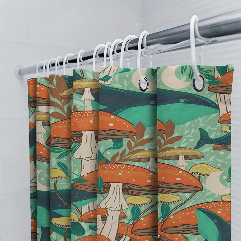 Whimsical Mushroom Shower Curtain Vibrant Greenery Cute Dolphins Home Decor Bath Mat Waterproof Fabric For Bathroom, Kitchen Or