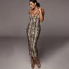 Frühling und Sommer Neuer Stil Trägerloses Ärmelloses V-Ausschnitt Leo-Print Midi-Kleid Damenkleid