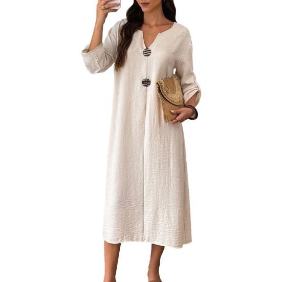 

Summer Cotton Dress for Women Long Sleeve V Neck Flowy Long Dress Casual Beach Vacation A-line S белый