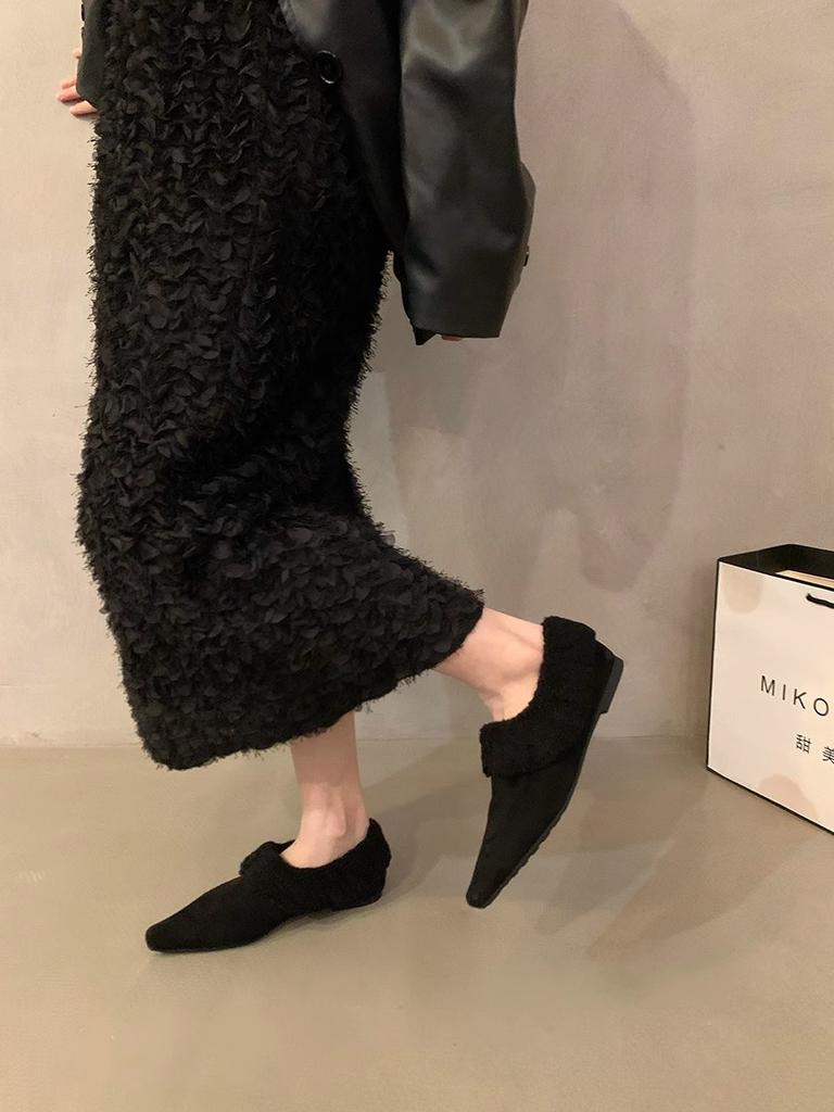 Mao Mao shoes 2025 autumn and winter new low-heeled versatile pointed tip fleece warm deep-mouth single shoes wool roll cotton ladyshoes