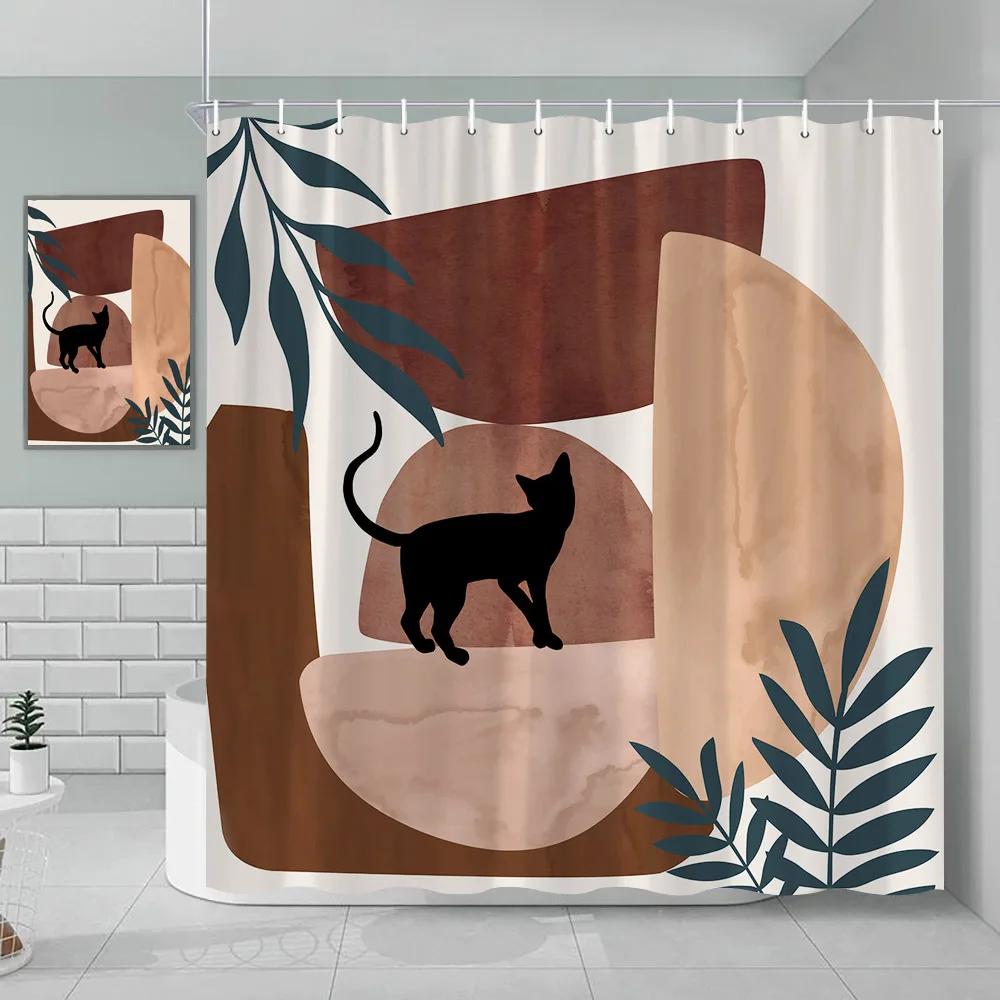 Bohemian Shower Curtain Cat Romantic Mid Century Modern Minimalist Abstract Lines Geometric Tropical Plants Bathroom Decoration