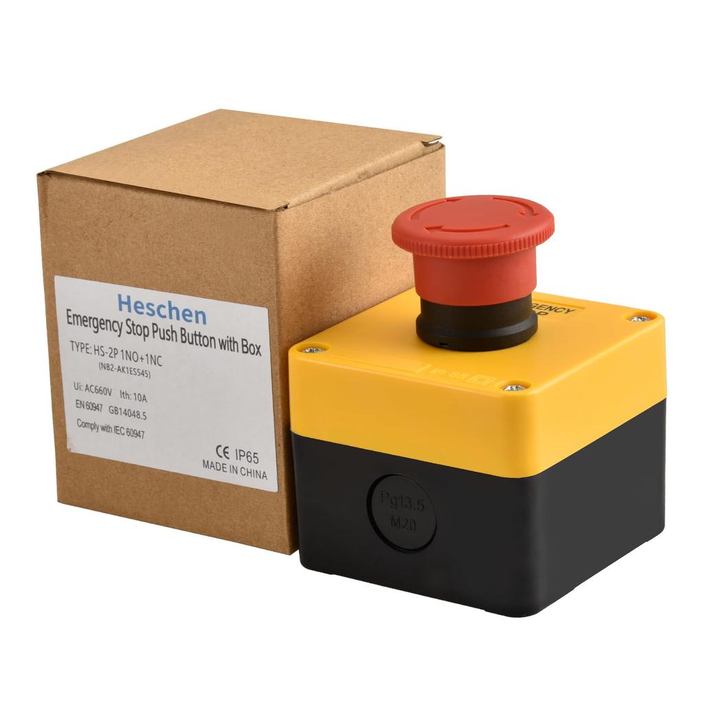 Heschen Red Sign Emergency Stop Switch, Push Button Switch, 660V 10A, With Box