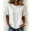 Women Round Neck Short Sleeve Linen Blend Blouse Raw Frayed Edge Splicing Fringe Boho Casual Summer Tops