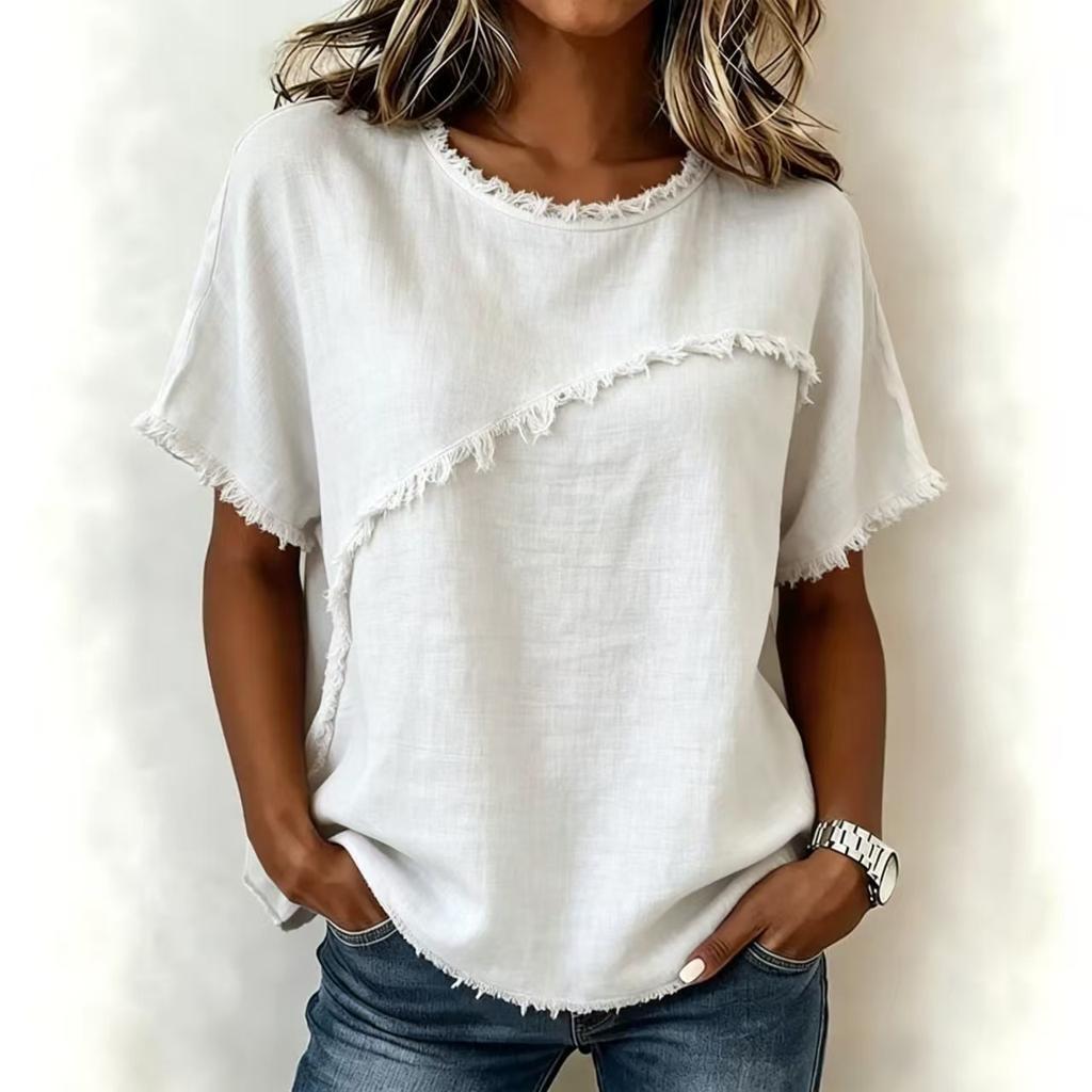 Women Round Neck Short Sleeve Linen Blend Blouse Raw Frayed Edge Splicing Fringe Boho Casual Summer Tops