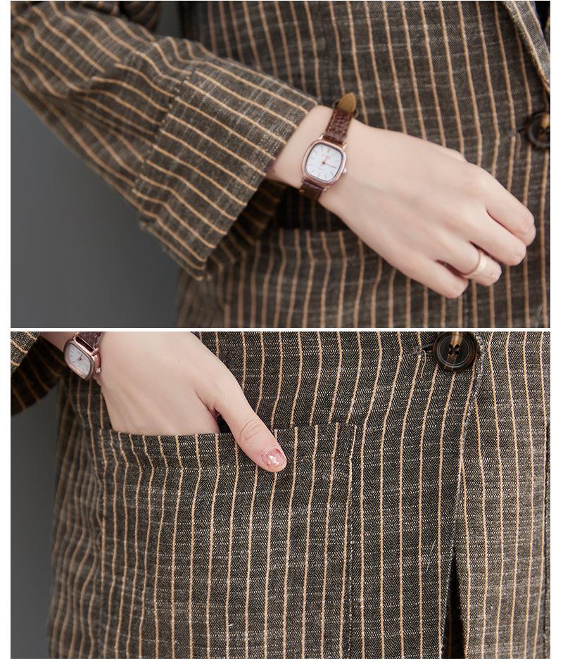 Damen 2024 Herbst Retro Baumwolle Leinen Gestreifter Blazer & Weitbeinige Hose Set