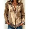 Women's Fringe Shirt Casual Turn-down Collar Single Breasted Long Sleeve Solid Color Blouse