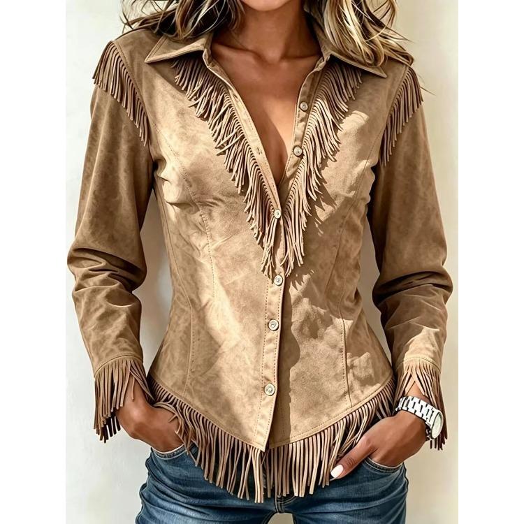 Women's Fringe Shirt Casual Turn-down Collar Single Breasted Long Sleeve Solid Color Blouse