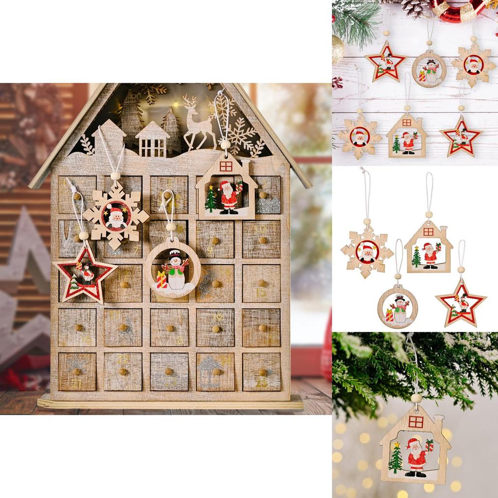 Festive Christmas Wooden Ornaments Set Of Twelve Including Santa And Snowflakes