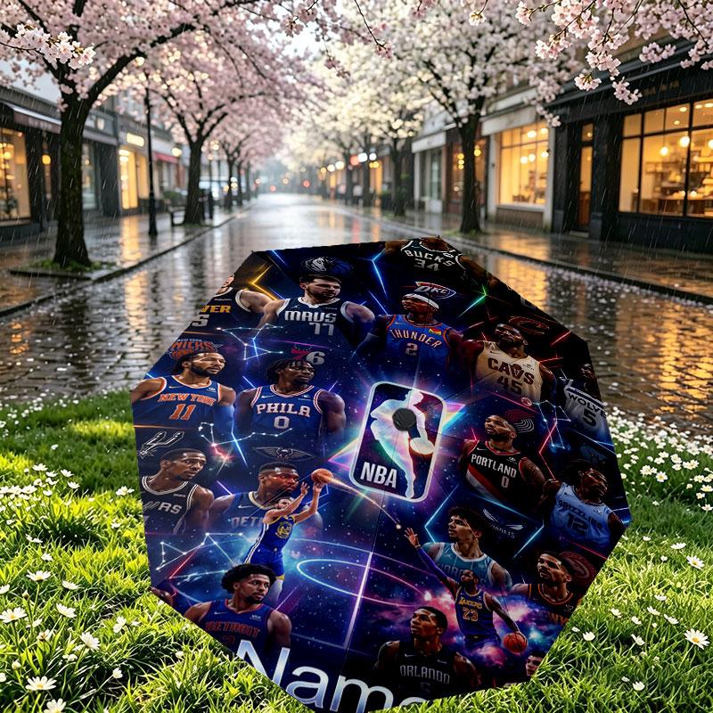 Custom Name Personalized Basketball NBA Print Umbrella, Auto Open Close, 8‑Rib Sturdy Frame, Commute Camping Hiking Use, Birthday Gift