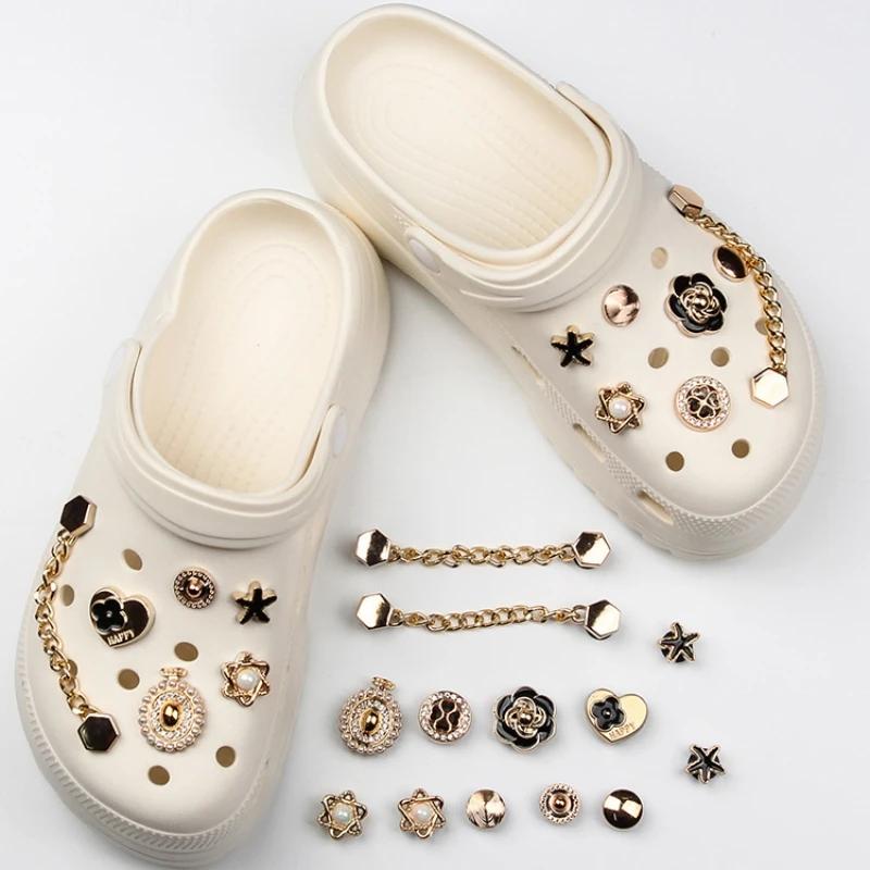 Metallic Sheen Shoe Charms Accessories Set for Sandal Must-have Street Flowers/Hexagram/Buckle Ornaments for Hole Shoes Charm