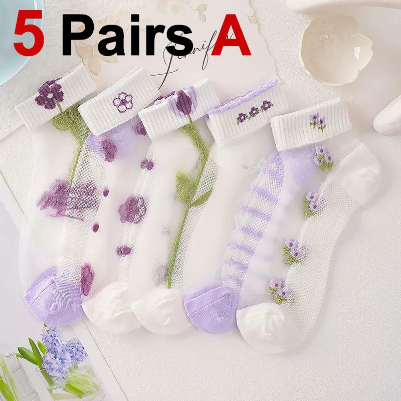 

5 пар женских коротких носков с цветочным узором, модные фиолетовые цветочные тонкие дышащие мягкие удобные повседневные носки с впитывающим пот рисунком One Size