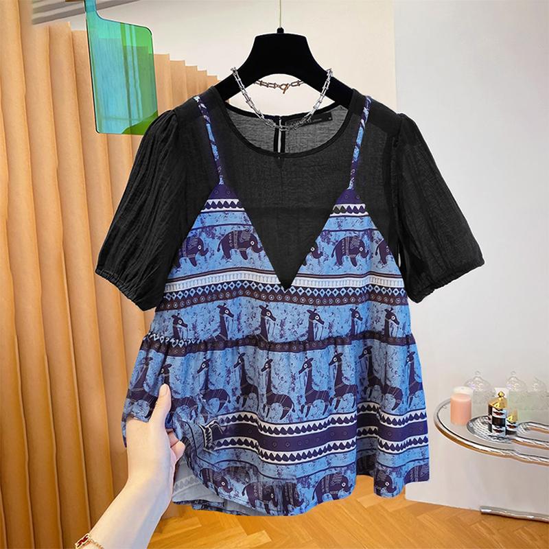 

ZANZEA Женская повседневная блузка с круглым вырезом и короткими рукавами в стиле пэчворк 5XL синий